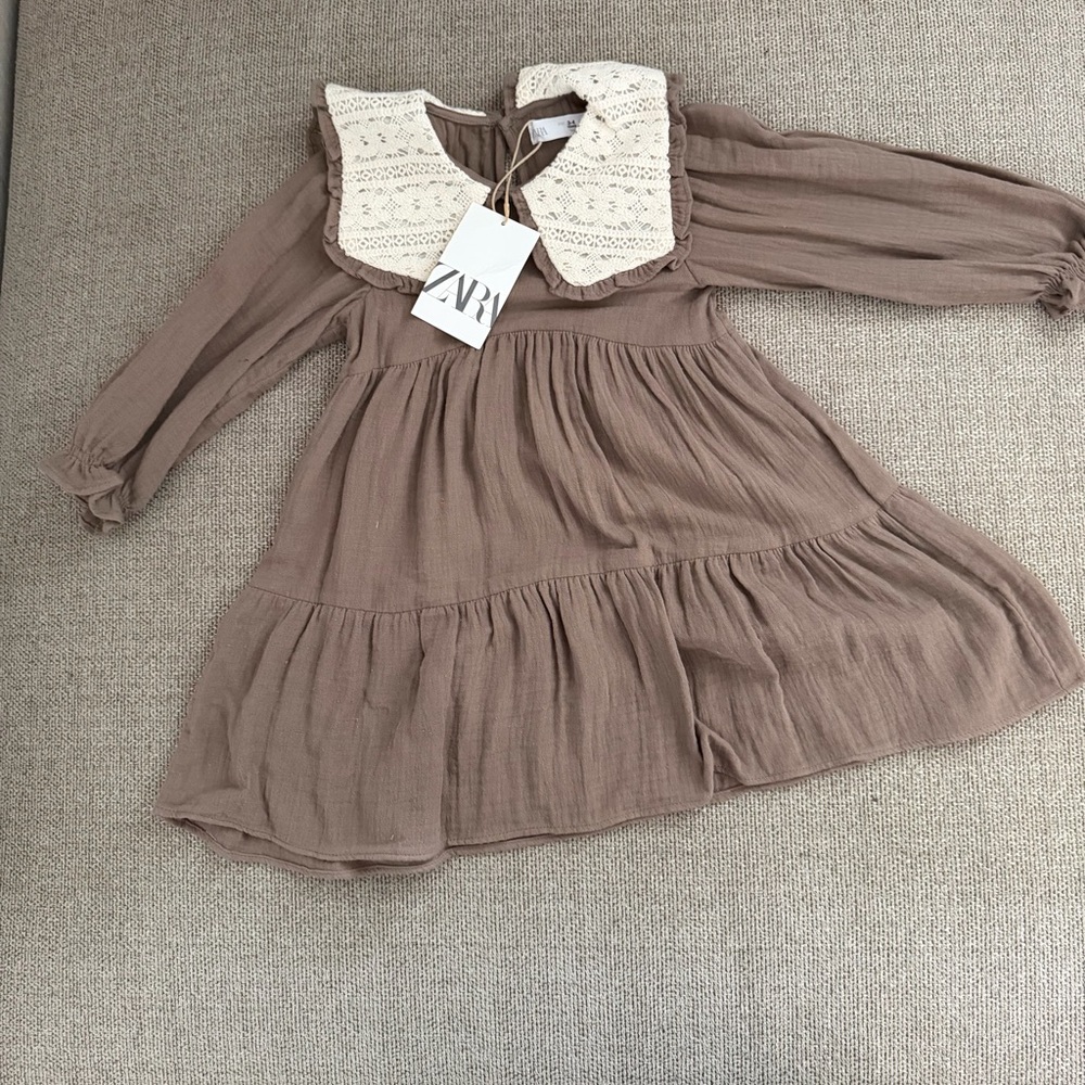 Zara Girls Taupe Dress with Crochet Cream Collar size 3-4y